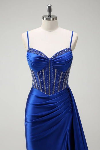 Sparkly Royal Blue Beaded Corset Long Satin Prom Dress