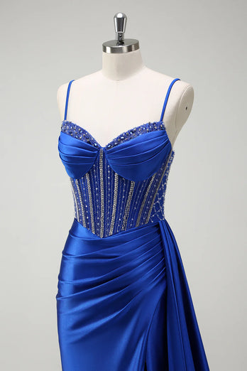 Sparkly Royal Blue Beaded Corset Long Satin Prom Dress