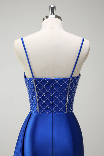 Sparkly Royal Blue Beaded Corset Long Satin Prom Dress