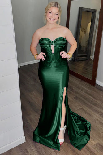 Glitter Dark Green Corset Satin Long Prom Dress with Slit