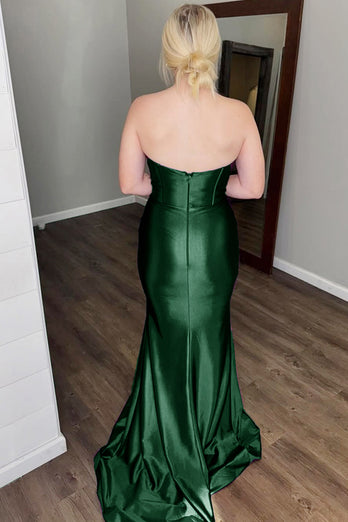 Glitter Dark Green Corset Satin Long Prom Dress with Slit