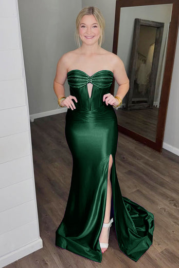 Glitter Dark Green Corset Satin Long Prom Dress with Slit