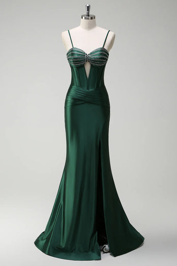 Sparkly Dark Green Mermaid Beaded Corset Long Prom Dress