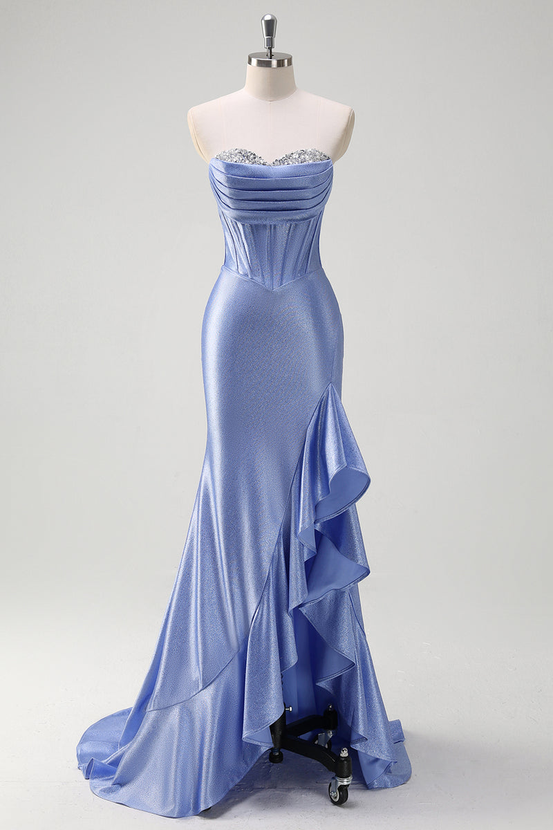 Load image into Gallery viewer, Sparkly Grey Blue Corset Long Satin Prom Dress with Ruffles Slit