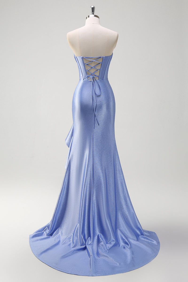 Load image into Gallery viewer, Sparkly Grey Blue Corset Long Satin Prom Dress with Ruffles Slit