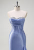 Load image into Gallery viewer, Sparkly Grey Blue Corset Long Satin Prom Dress with Ruffles Slit