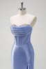 Load image into Gallery viewer, Sparkly Grey Blue Corset Long Satin Prom Dress with Ruffles Slit