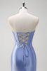 Load image into Gallery viewer, Sparkly Grey Blue Corset Long Satin Prom Dress with Ruffles Slit