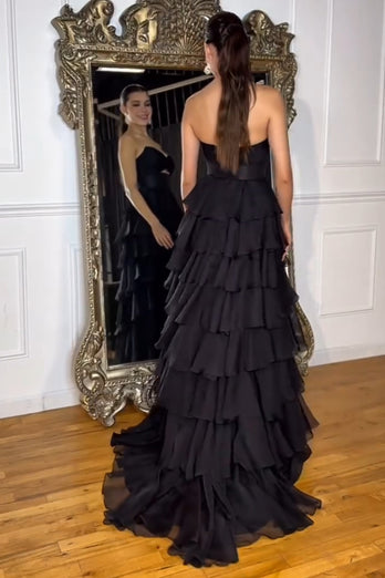 A Line Black Strapless Tiered Prom Dress with Bow