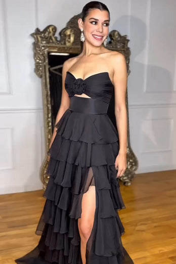 A Line Black Strapless Tiered Prom Dress with Bow