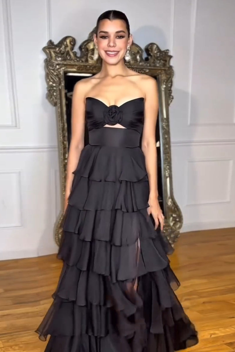 Load image into Gallery viewer, A Line Black Strapless Tiered Prom Dress with Bow