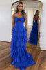 Load image into Gallery viewer, Royal Blue A Line Strapless Tiered Long Prom Dress with Bow