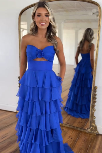 Royal Blue A Line Strapless Tiered Long Prom Dress with Bow