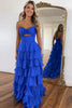 Load image into Gallery viewer, Royal Blue A Line Strapless Tiered Long Prom Dress with Bow