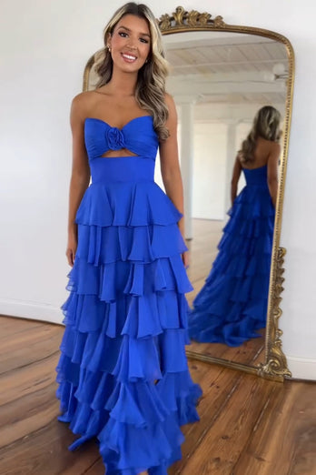 Royal Blue A Line Strapless Tiered Long Prom Dress with Bow