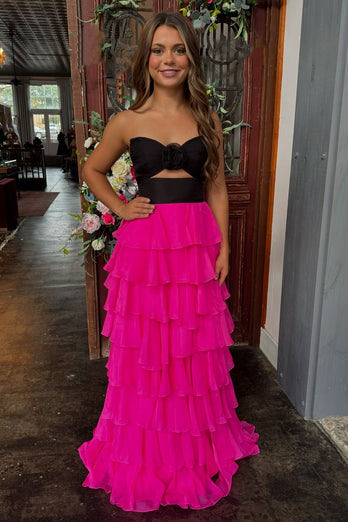 A Line Black Strapless Tiered Prom Dress with Bow