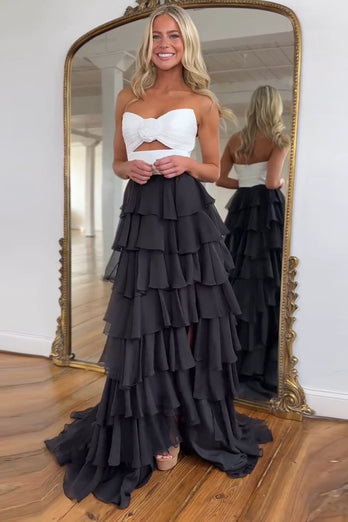 A Line Black Strapless Tiered Prom Dress with Bow