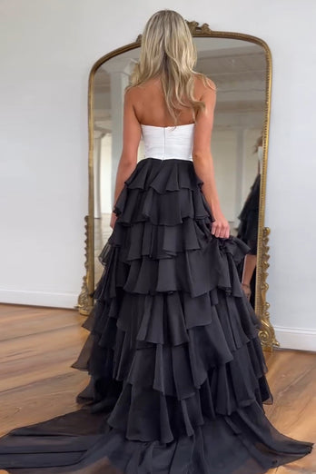 A Line Black Strapless Tiered Prom Dress with Bow