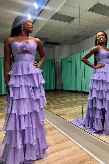 Royal Blue A Line Strapless Tiered Long Prom Dress with Bow