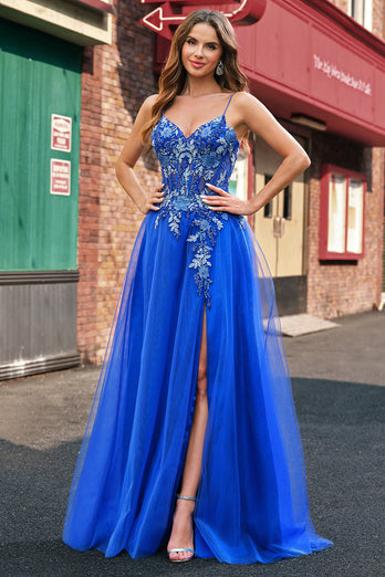 Floral Royal Blue A Line Long Tulle Prom Dress with Slit