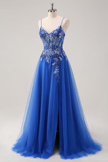 Floral Royal Blue Corset Prom Dress with Appliques