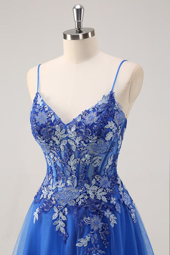 Floral Royal Blue Corset Prom Dress with Appliques