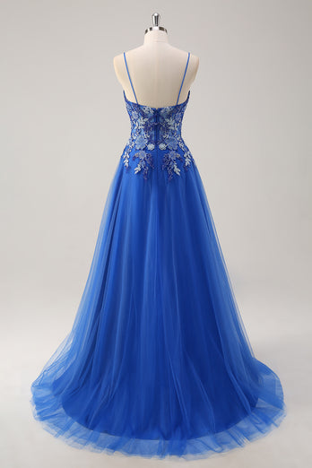 Floral Royal Blue Corset Prom Dress with Appliques