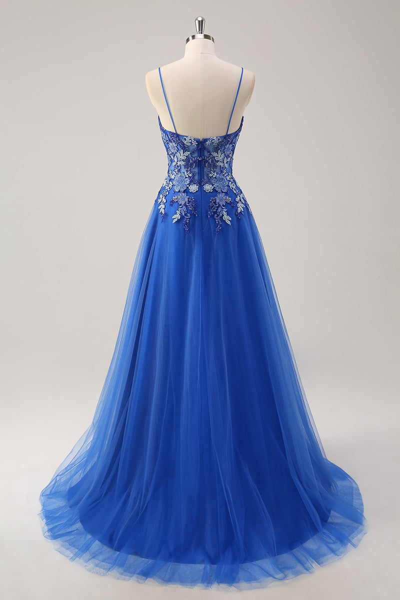 Load image into Gallery viewer, Floral Royal Blue Corset Prom Dress with Appliques