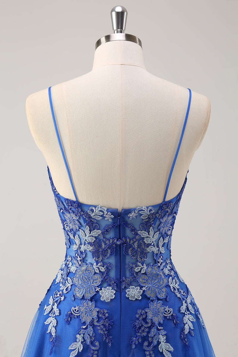 Load image into Gallery viewer, Floral Royal Blue Corset Prom Dress with Appliques