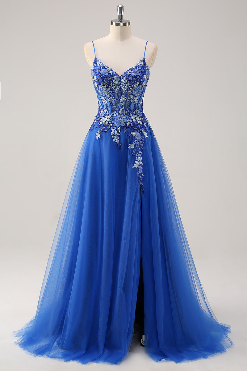 Load image into Gallery viewer, Floral Royal Blue Corset Prom Dress with Appliques