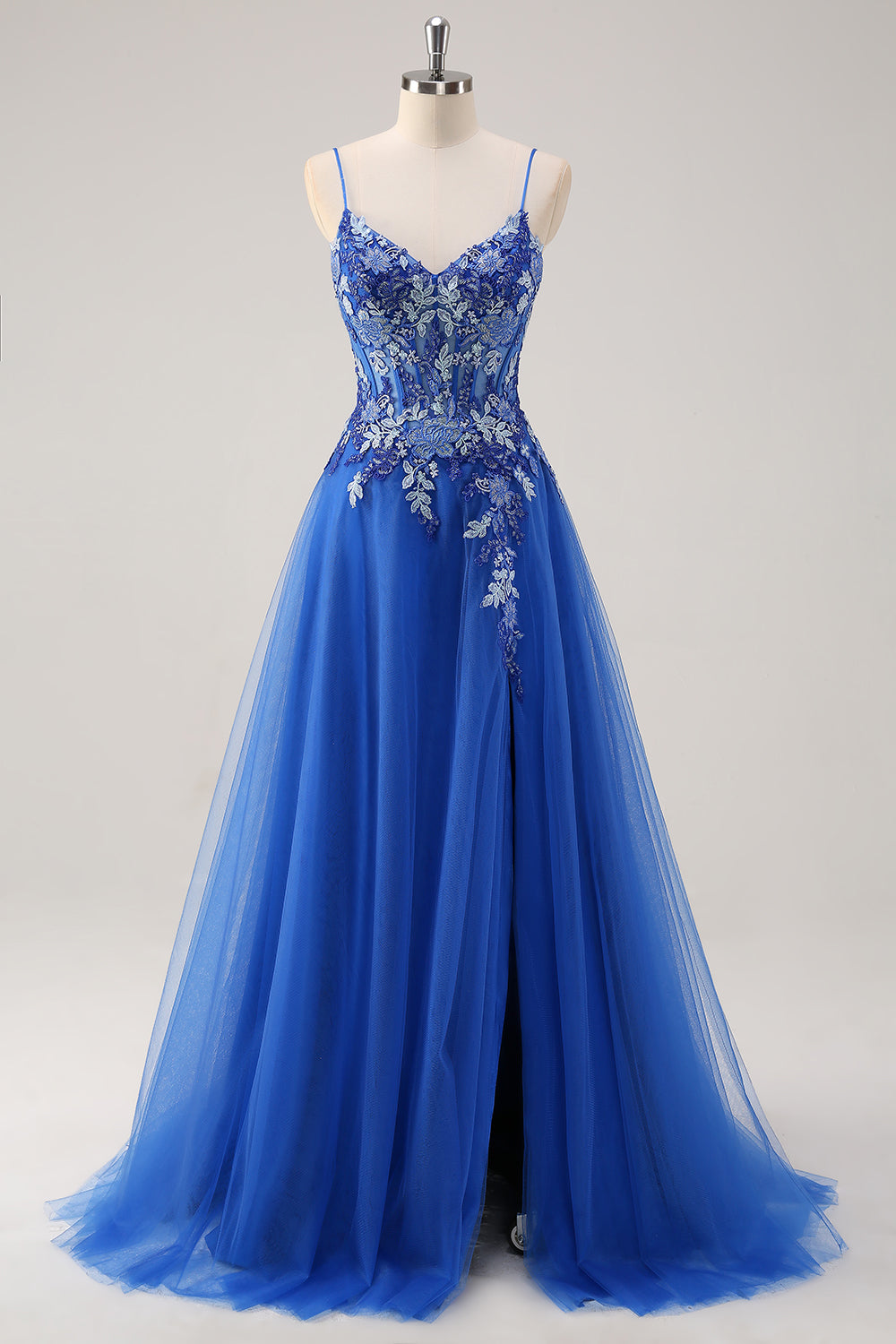 Floral Royal Blue Corset Prom Dress with Appliques