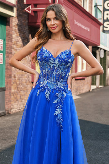 Floral Royal Blue A Line Long Tulle Prom Dress with Slit