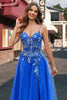 Load image into Gallery viewer, Floral Royal Blue A Line Long Tulle Prom Dress with Slit