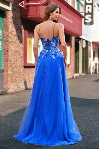 Floral Royal Blue A Line Long Tulle Prom Dress with Slit