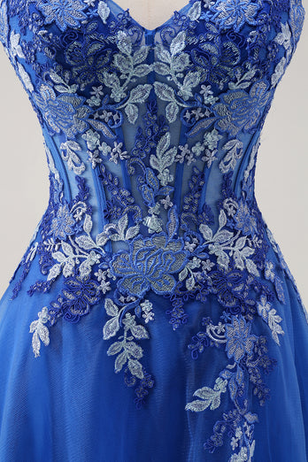 Floral Royal Blue Corset Prom Dress with Appliques