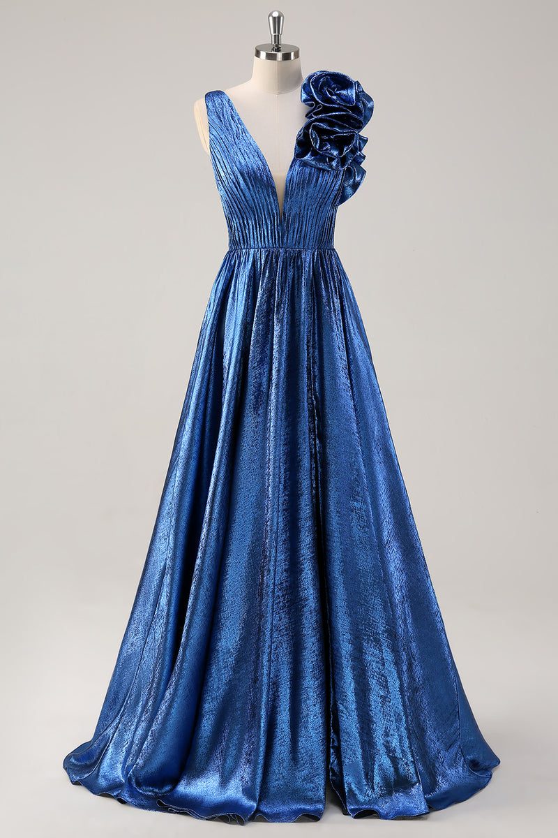 Load image into Gallery viewer, Royal Blue Metallic Pleated Prom Dress with Flowers