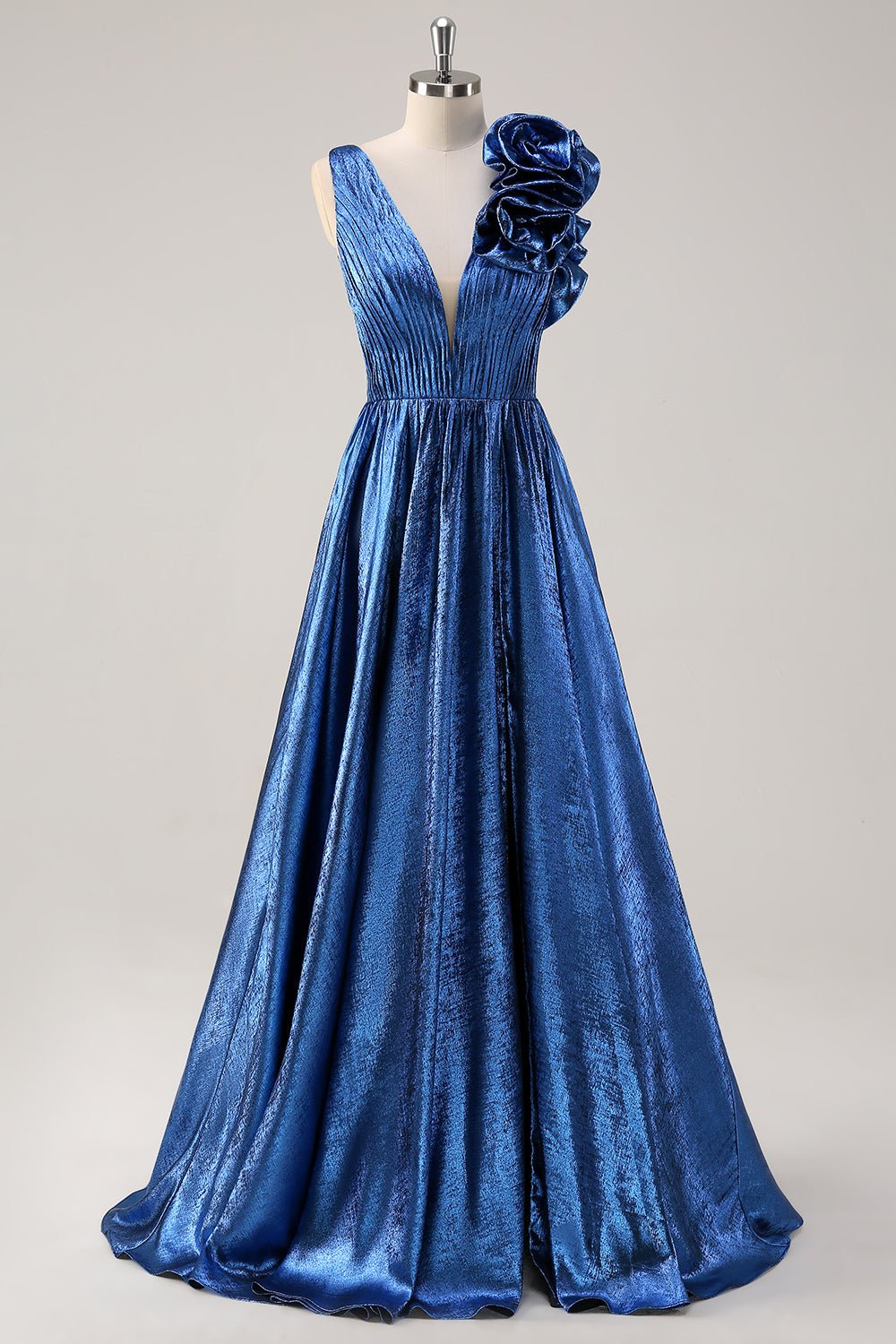 Royal Blue Metallic Pleated Prom Dress with Flowers