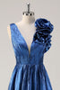 Load image into Gallery viewer, Royal Blue Metallic Pleated Prom Dress with Flowers