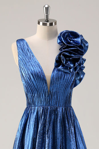 Royal Blue Metallic Pleated Prom Dress with Flowers