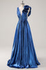 Load image into Gallery viewer, Royal Blue Metallic Pleated Prom Dress with Flowers