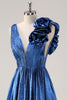 Load image into Gallery viewer, Royal Blue Metallic Pleated Prom Dress with Flowers