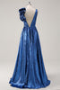 Load image into Gallery viewer, Royal Blue Metallic Pleated Prom Dress with Flowers