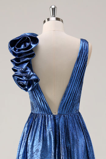 Royal Blue Metallic Pleated Prom Dress with Flowers