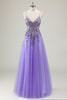 Load image into Gallery viewer, Sparkly Purple Corset Spaghetti Straps Prom Dress with Appliques