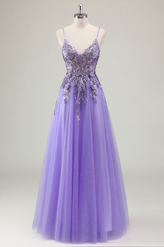 Sparkly Purple Corset Spaghetti Straps Prom Dress with Appliques