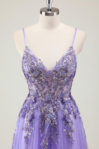 Sparkly Purple Corset Spaghetti Straps Prom Dress with Appliques