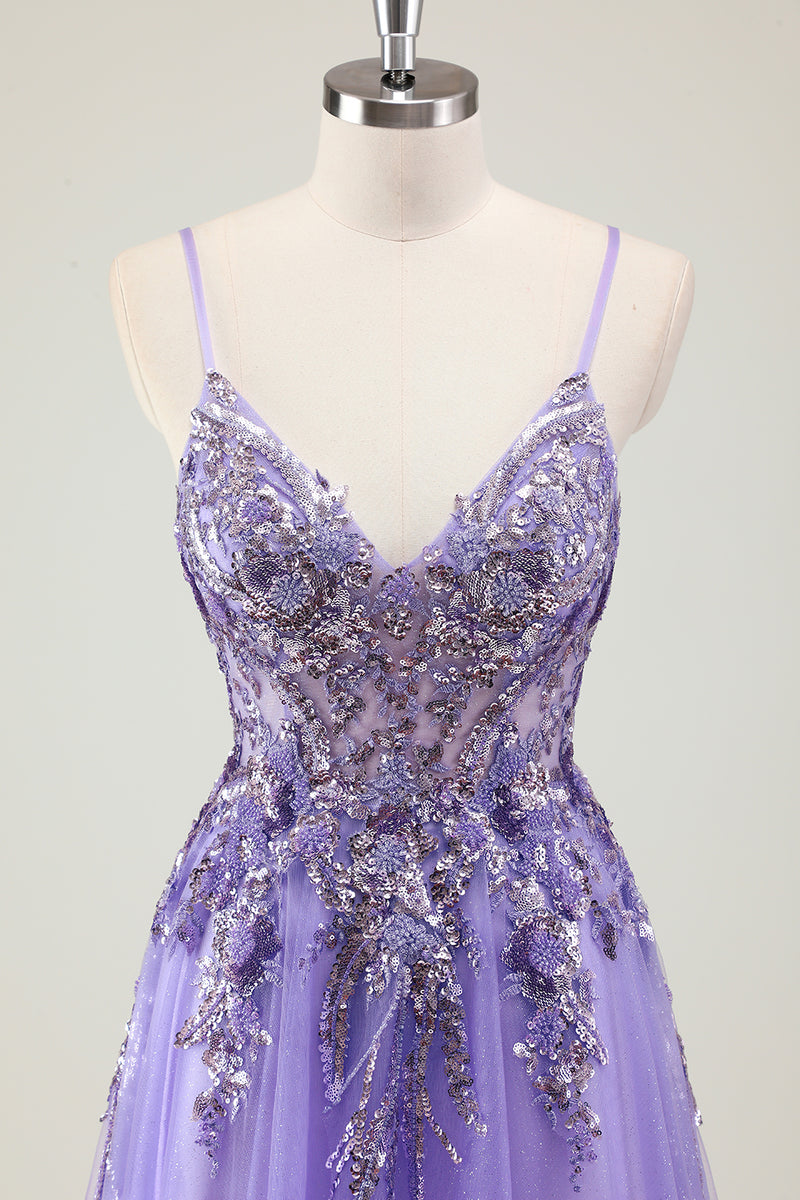 Load image into Gallery viewer, Sparkly Purple Corset Spaghetti Straps Prom Dress with Appliques