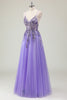 Load image into Gallery viewer, Sparkly Purple Corset Spaghetti Straps Prom Dress with Appliques