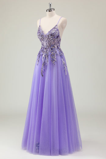 Sparkly Purple Corset Spaghetti Straps Prom Dress with Appliques