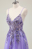 Load image into Gallery viewer, Sparkly Purple Corset Spaghetti Straps Prom Dress with Appliques